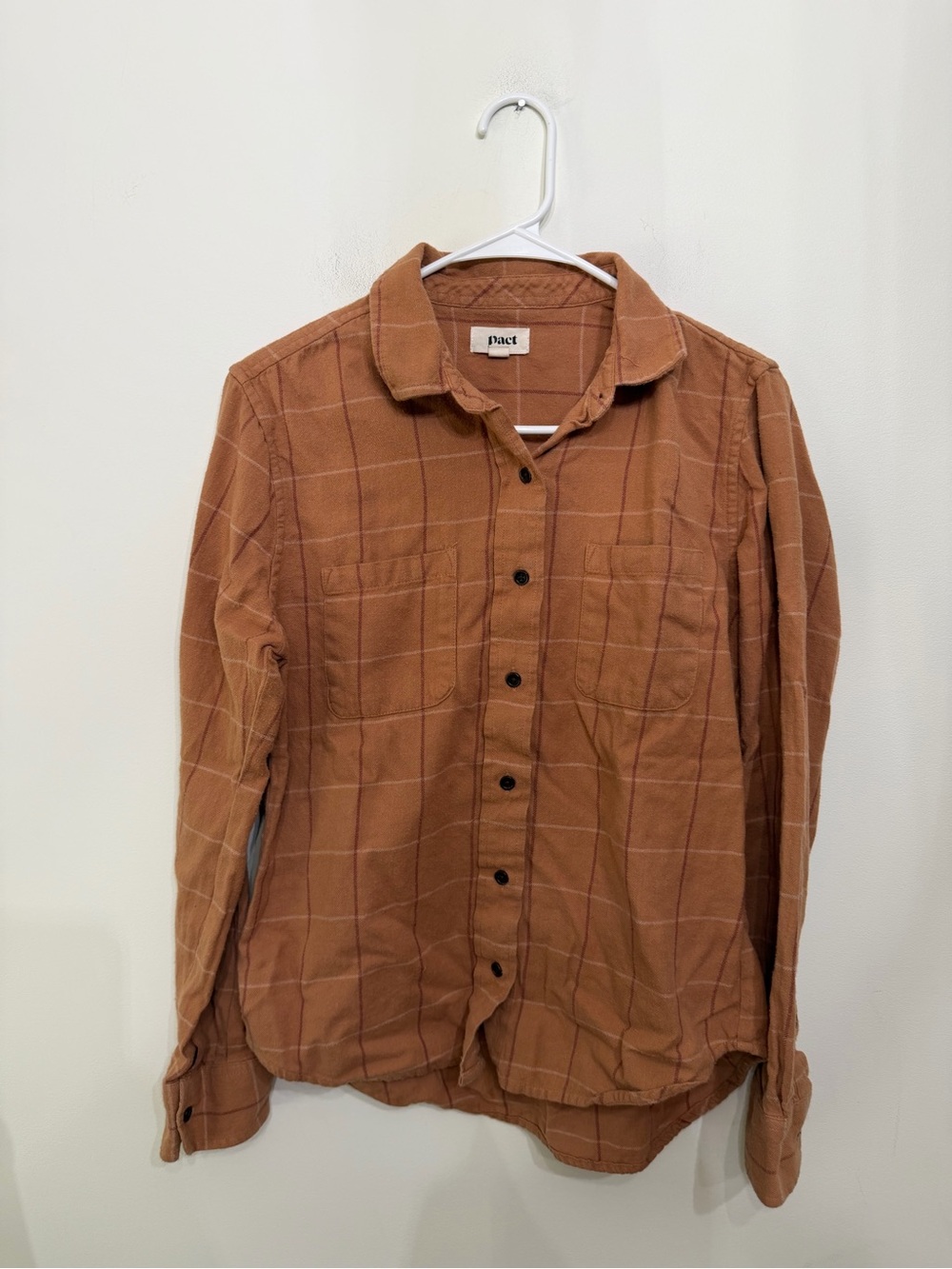 Pact Fireside Flannel Button Up Shirt Plaid Top Orange Cotton Cozy Women’s M